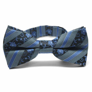Front view of a blue floral stripe bow tie