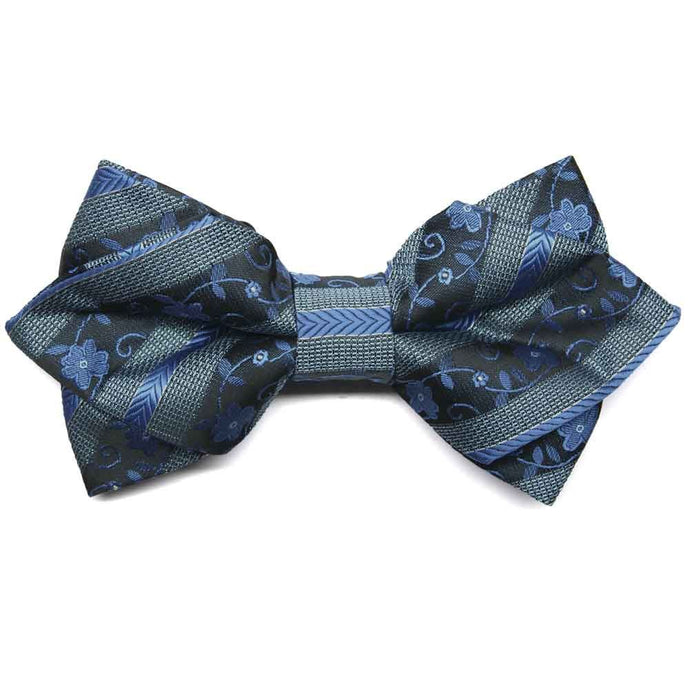Front view of a blue floral stripe diamond tip bow tie