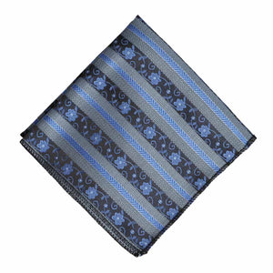 Flat view of a blue floral stripe pocket square