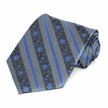 Load image into Gallery viewer, Rolled view of a blue floral stripe necktie