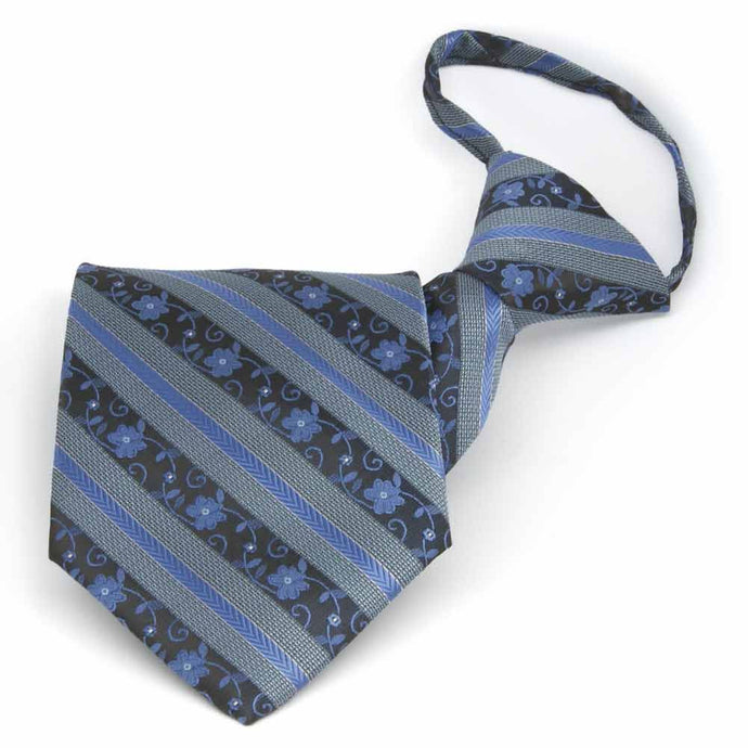 Front folded view of a blue floral stripe zipper style tie