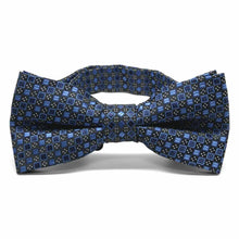Load image into Gallery viewer, Blue and black square pattern bow tie, close up front view