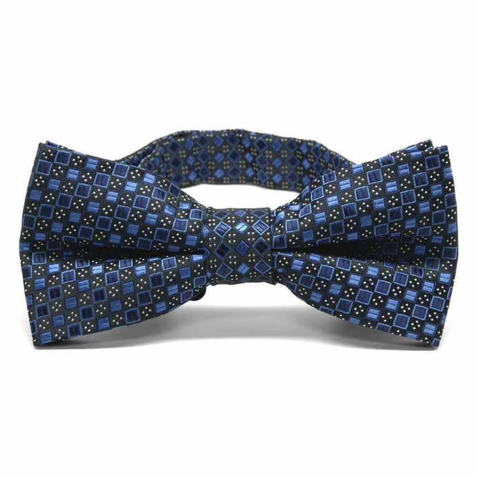 Blue and black square pattern bow tie, close up front view