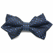 Load image into Gallery viewer, Blue and black square pattern diamond tip bow tie, close up view to show pattern