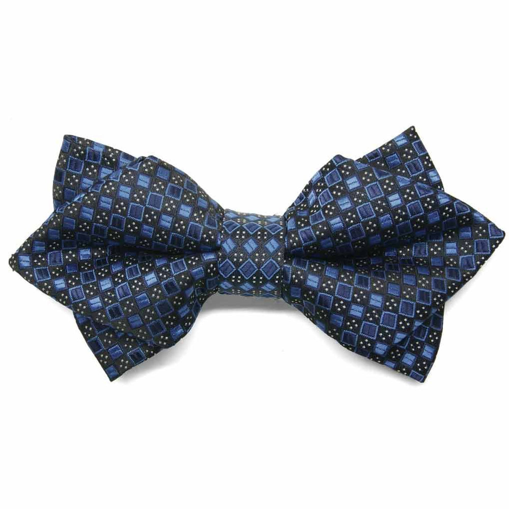 Blue and black square pattern diamond tip bow tie, close up view to show pattern
