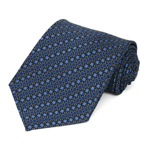 Blue and black square pattern extra long necktie, rolled to show texture