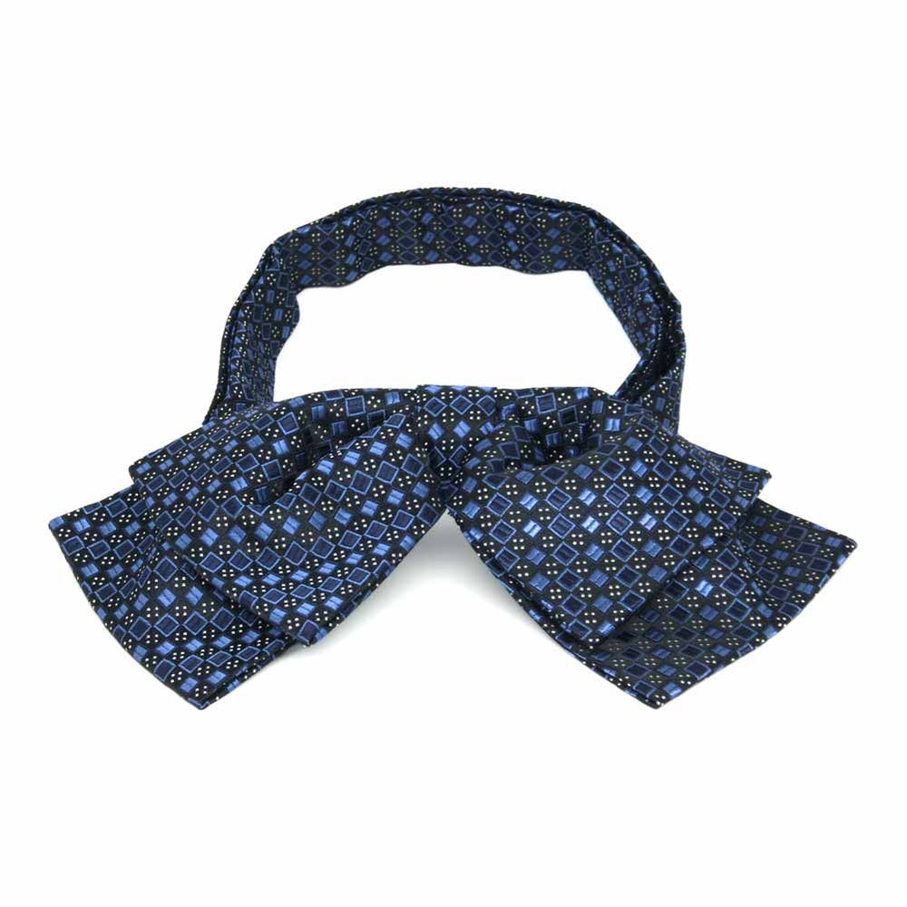 Blue and black square pattern floppy bow tie, front view to show pattern