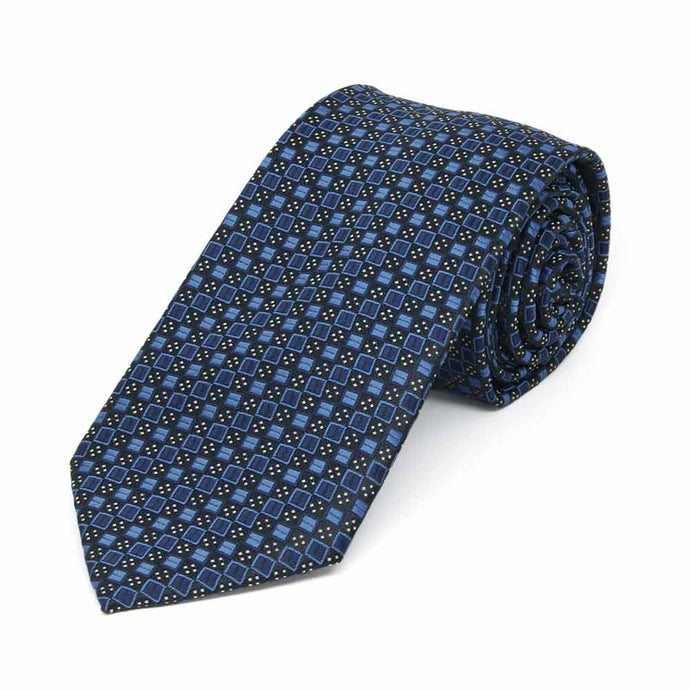 Rolled view of a blue and black square pattern slim necktie