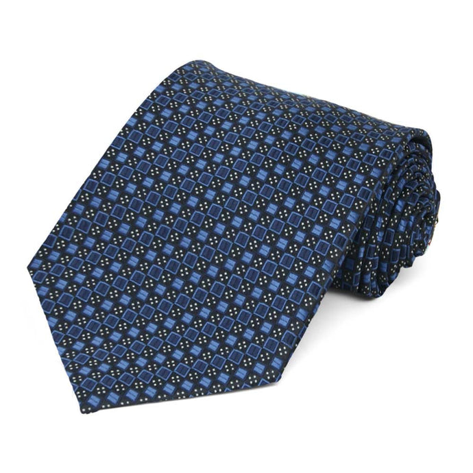 Blue and black square pattern necktie, rolled to show pattern close up