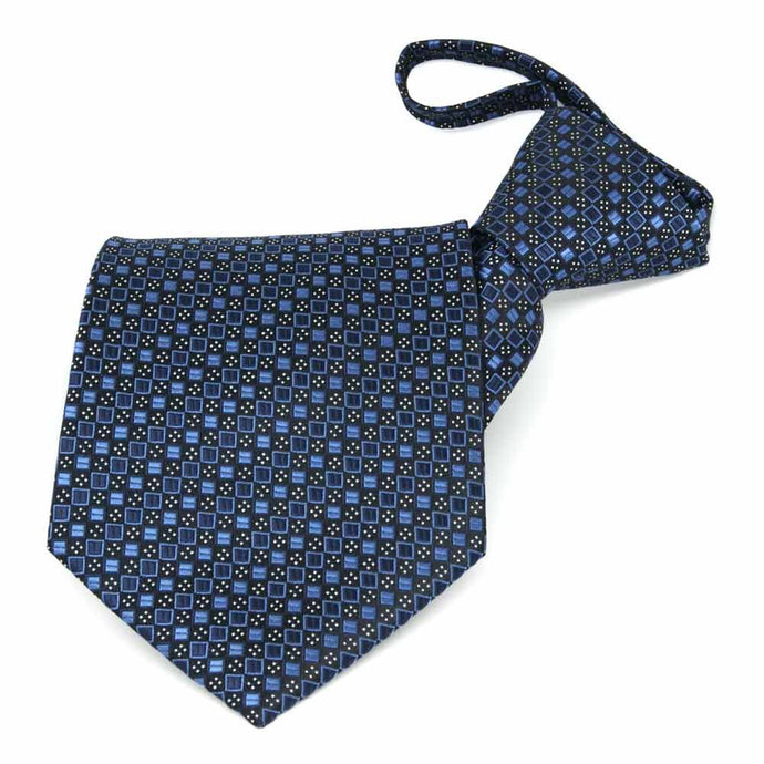 Blue and black square pattern zipper tie, folded front view