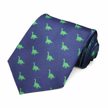Load image into Gallery viewer, A repeating green Brontosaurus on a navy tie.