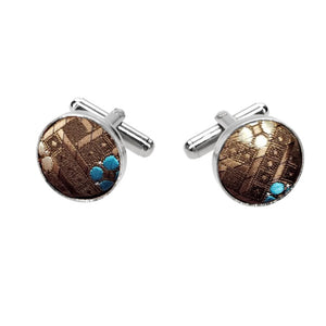 Brown and Turquoise Flower Pattern Fabric Cufflinks