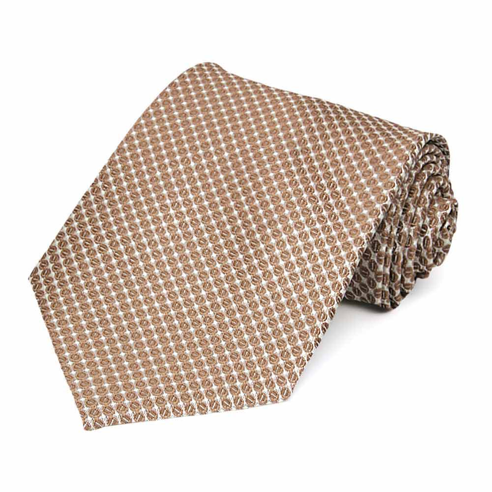 Light brown grain pattern extra long tie, rolled to show texture