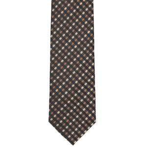 The front view of a brown gingham plaid slim tie