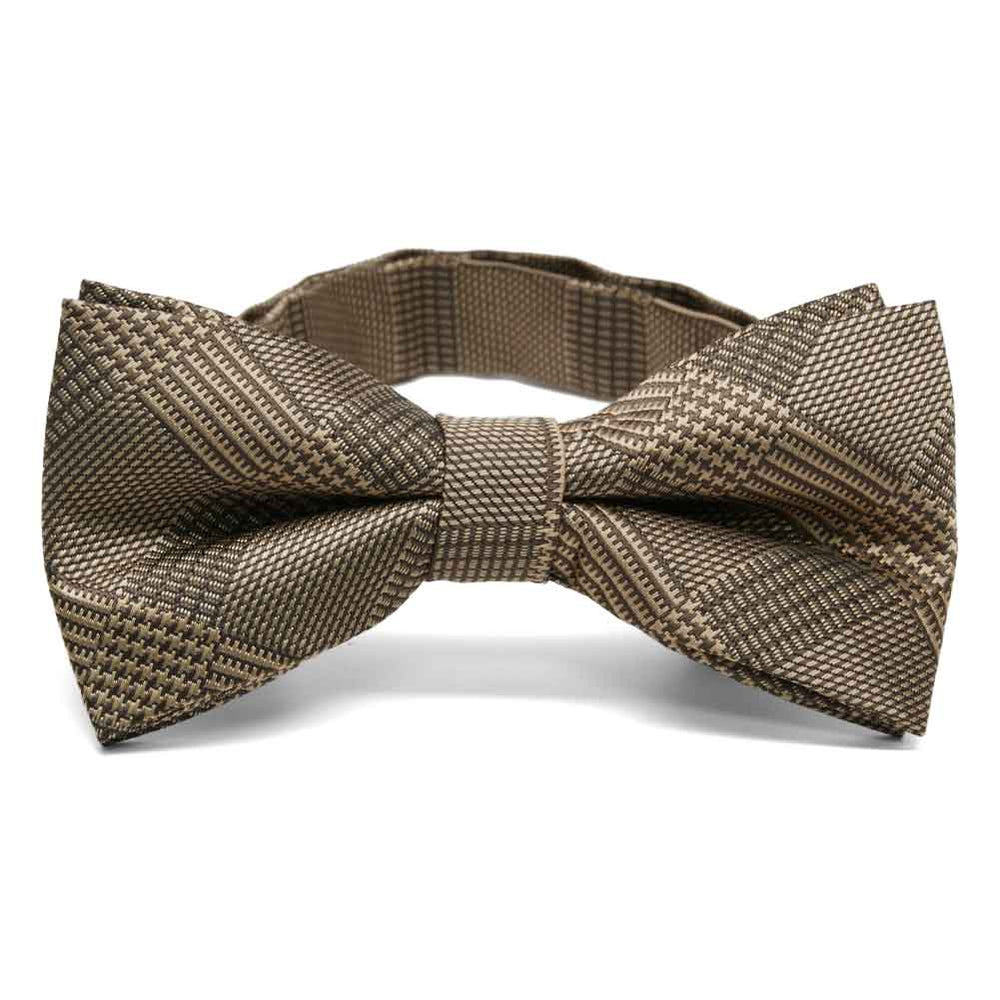Light brown plaid bow tie, close up front view