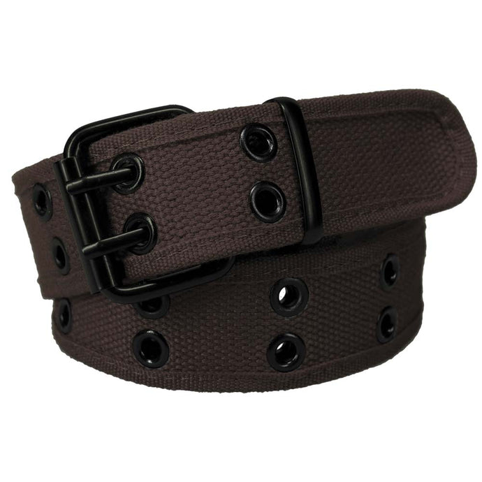 Coiled brown double grommet belt with black hardware