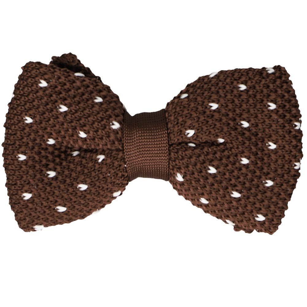 Brown knit bow tie with white stitched polka dots