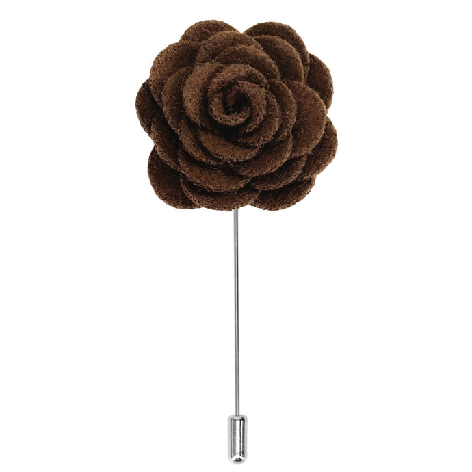 A brown matte flower lapel pin with a silver tone pin