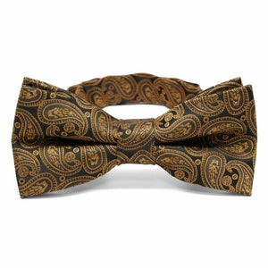 Dark brown and antique gold paisley bow tie, front view