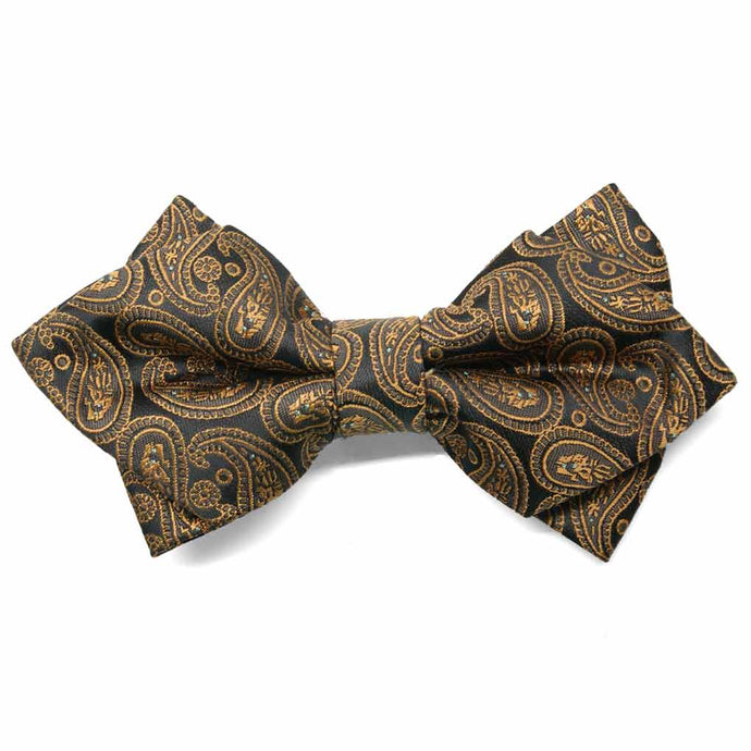 Dark brown and antique gold paisley diamond tip bow tie, front view