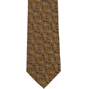 Front view of a dark brown and antique gold paisley necktie
