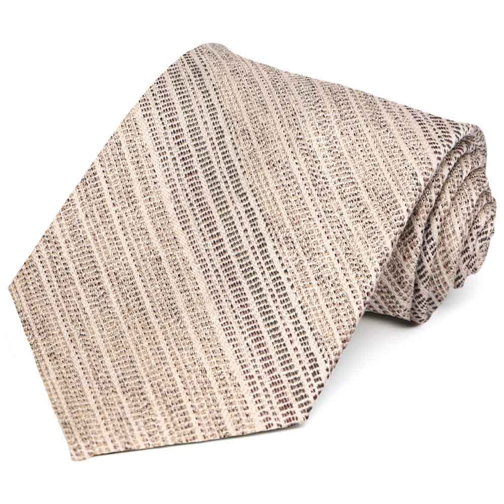 Woodgrain patterned brown and tan necktie rolled to show texture