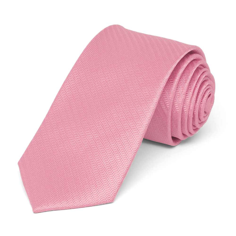 Bubblegum Pink Herringbone Silk Slim Necktie, 2.5