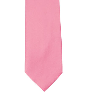 The front of a bubblegum pink tie, laid out flat