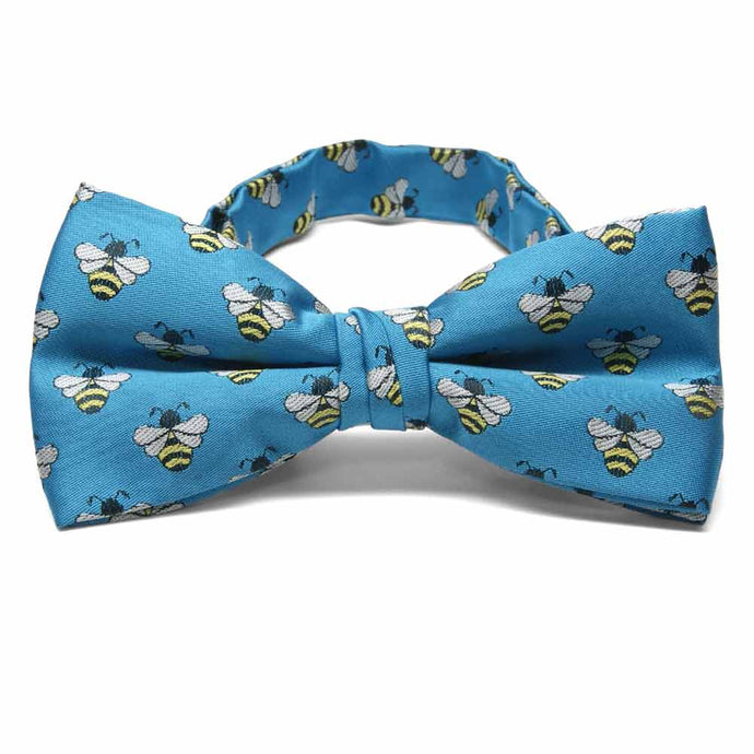 Bumblebee theme bow tie on a blue background.