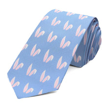 Load image into Gallery viewer, A blue slim tie with an all over white and pink bunny ears pattern