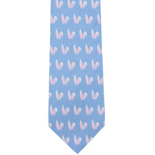 Load image into Gallery viewer, The front of a blue Easter tie with pink and white bunny ears