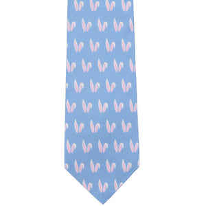The front of a blue Easter tie with pink and white bunny ears