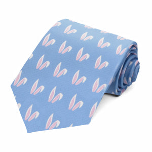 A blue tie with pink and white bunny ears