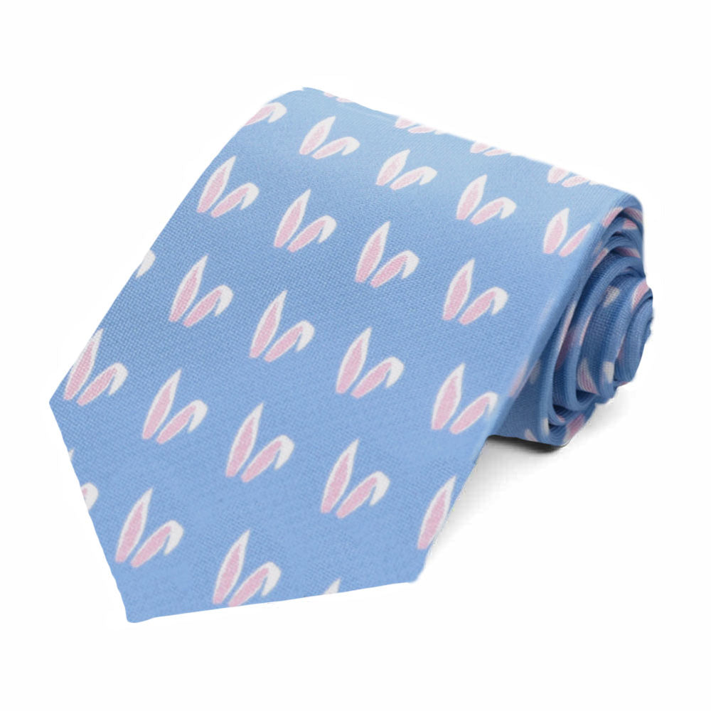 A blue tie with pink and white bunny ears