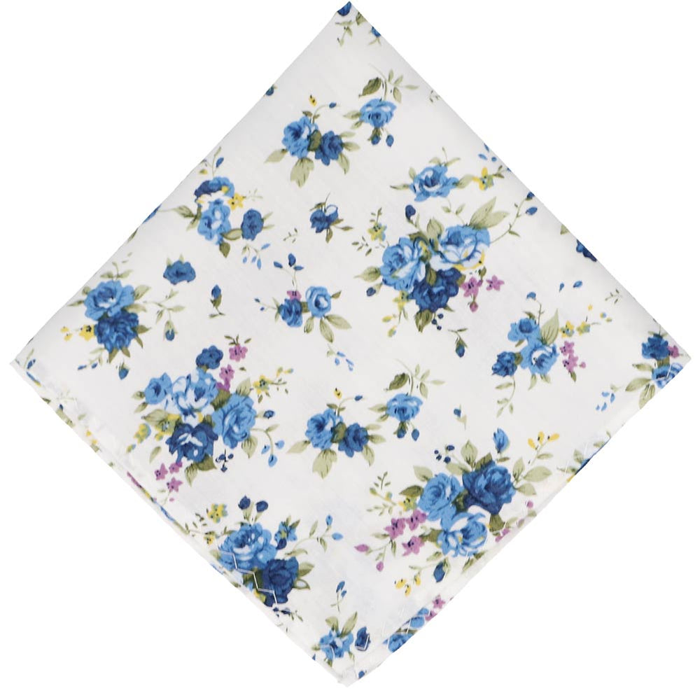white background and blue floral pocket square