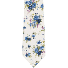 Load image into Gallery viewer, A dusty blue and white floral tie, laid out flat