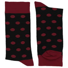 Load image into Gallery viewer, Pair of burgundy and black polka dot socks