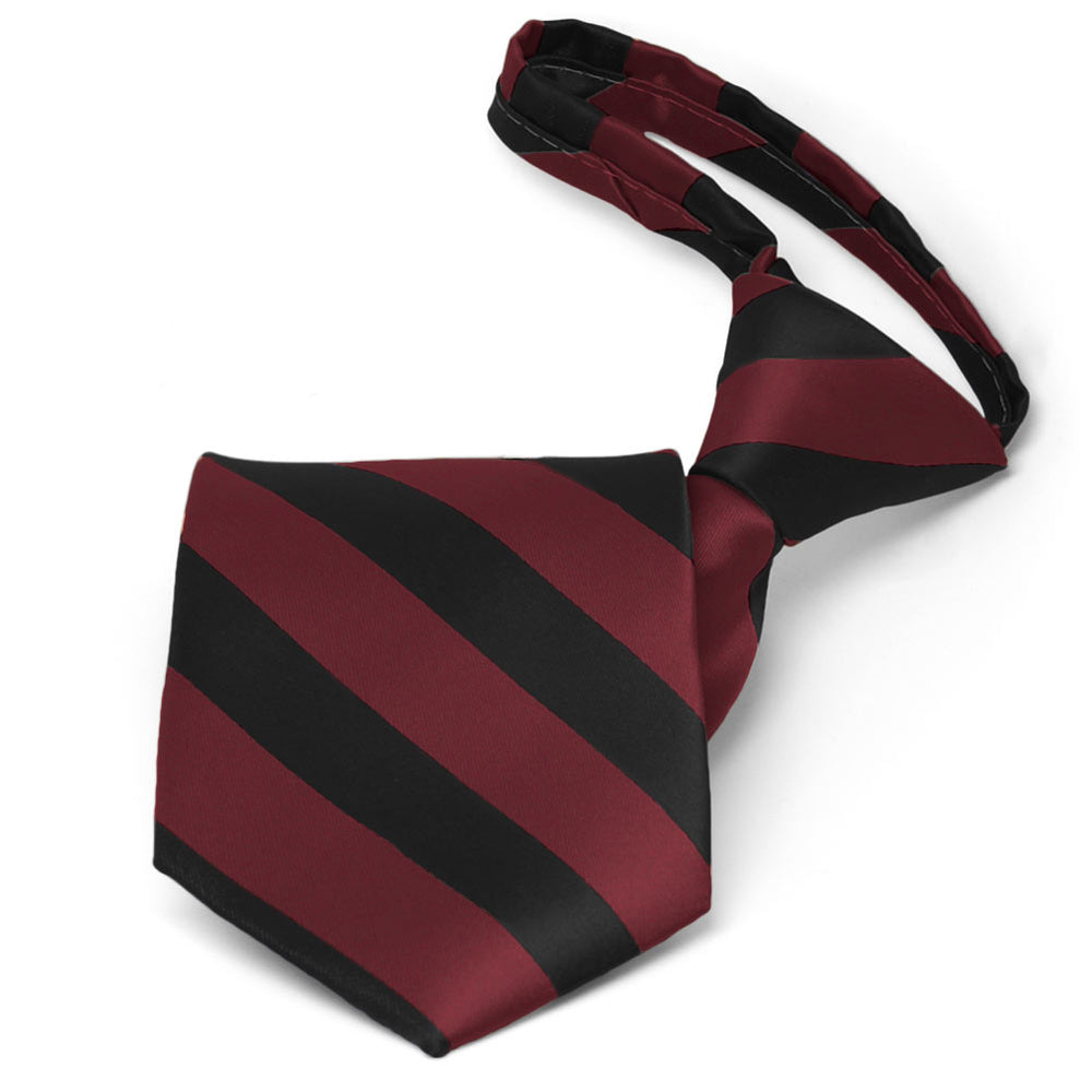 Pre-tied burgundy and black striped pattern zipper tie