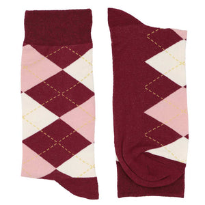 Pair of men's burgundy and blush pink argyle dress socks