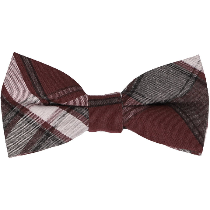 Burgundy and gray plaid bow tie