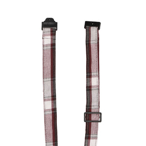 The breakaway collar on a pre-tied burgundy and gray boys necktie
