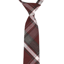 Load image into Gallery viewer, The front view and knot of a burgundy and gray plaid pre-tied tie