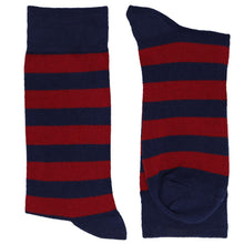 Load image into Gallery viewer, Pair of navy blue and burgundy striped socks