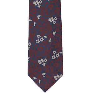 The front of a burgundy and navy floral tie