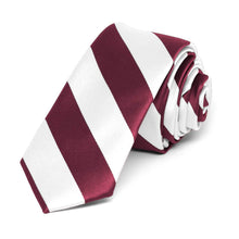 Load image into Gallery viewer, Burgundy and White Striped Skinny Tie, 2&quot; Width