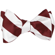 Load image into Gallery viewer, Burgundy and white striped self-tie bow tie, tied