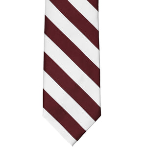 Front view of a burgundy and white striped tie