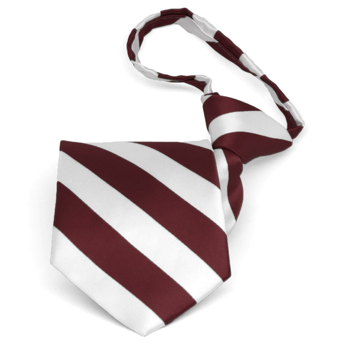 Pre-tied burgundy and white striped patten zipper tie
