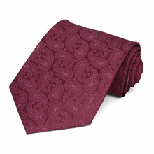 Load image into Gallery viewer, Rolled view of a burgundy paisley necktie