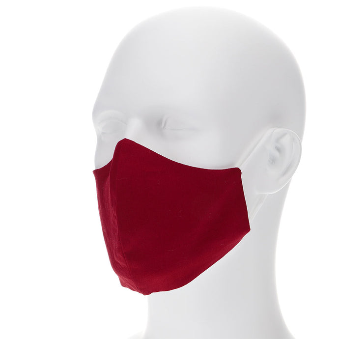 Burgundy face mask on a mannequin with filter pocket